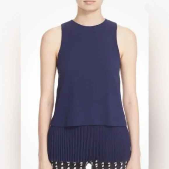 Theory Anastaza Winslow Crepe Sleeveless Pleated Tiered Blouse Top Small Blue - Picture 4 of 10